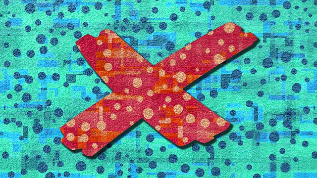 Um símbolo de X vermelho em um fundo pontilhado colorido.