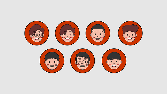 Um grupo de sete círculos vermelhos com ilustrações de rostos dentro deles.