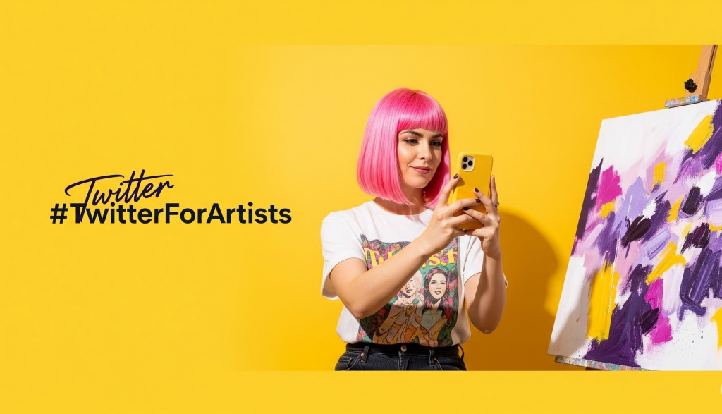 Uma artista moderna fotografa sua pintura colorida com um telefone, promovendo a arte no Twitter.