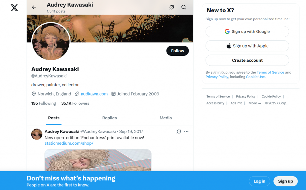 Um perfil de artista do Twitter à esquerda, com avatar e publicações, e um formulário "Criar conta" à direita.
