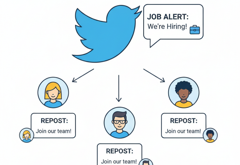 Ein Beispiel für einen Einstellungs-Tweet, der von mehreren Nutzern erneut gepostet wurde, um eine Stellenausschreibung mit dem Titel "Join our team" zu teilen.