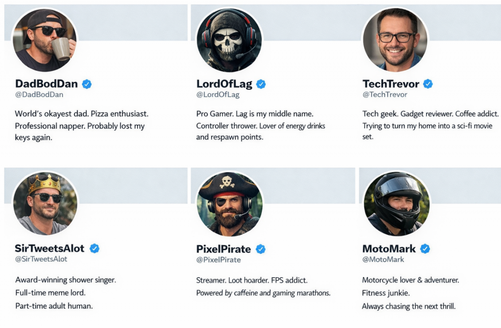 Collage aus sechs Screenshots von Twitter/X-Profilen von Männern, auf denen Namen und Biografien zu sehen sind.