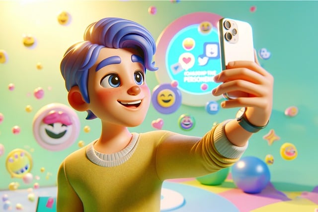 Illustrazione di una persona che si scatta un selfie con reazioni emoji sullo sfondo.