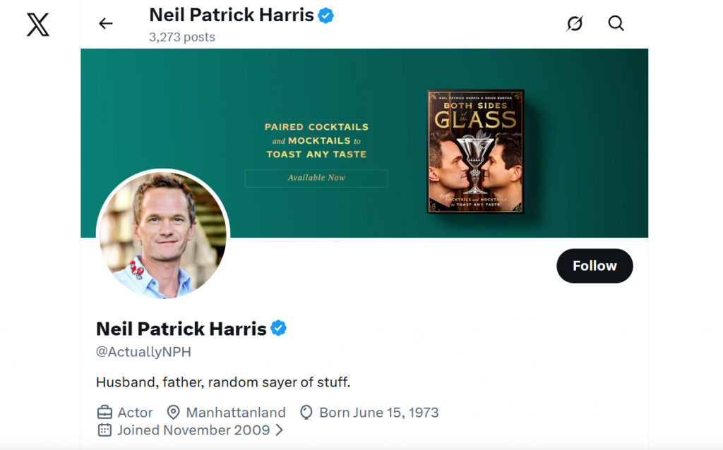 Screenshot della pagina Twitter di Neil Patrick Harris con la sua biografia.