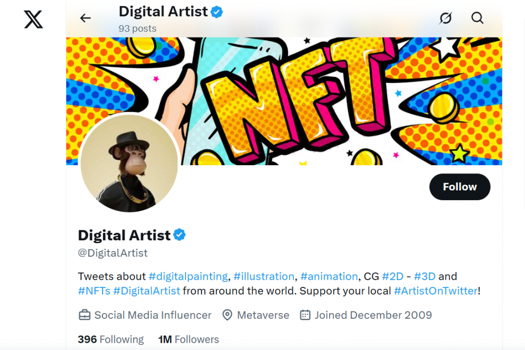 Un profil de artist cu hashtag-uri relevante pentru o mai bună vizibilitate pe Twitter.