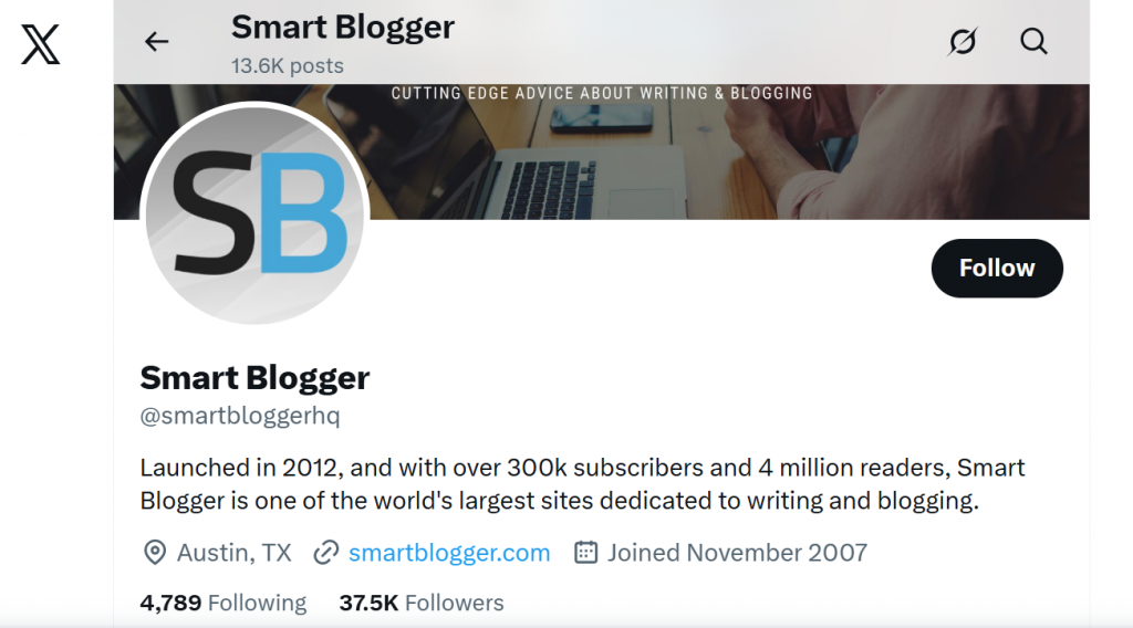 Smart Blogger'ın Twitter profilinin avatar ve biyografi içeren bir ekran görüntüsü.